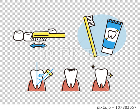 Simple tooth illustration with toothbrush and toothpaste 107882657