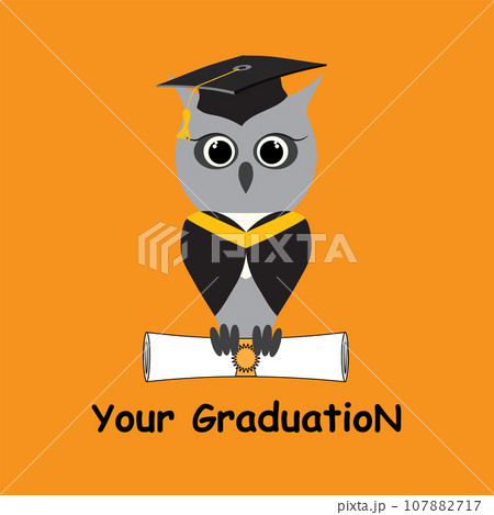 Owl in a graduate hat, master cap holds a graduate certificate, paper roll, scroll document, diploma in paws. Vector owl character in professors or teachers mortar Owl in a graduate hat, master cap holds a graduate certificate, paper roll, scroll document, diploma in paws. Vector owl character in professors or teachers mortar 107882717