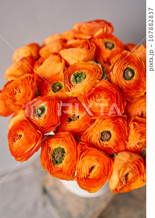 Persian buttercup. Bunch of orange ranunculus flowers on light gray background. Vase on vintage wooden table. Spring background, flower Wallpaper. Persian buttercup. Bunch of orange ranunculus flowers on light gray background. Vase on vintage wooden table. Spring background, flower Wallpaper. 107882837