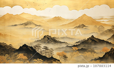 自画，風景 水墨画 金色フレーム 金色の水墨画 風景画のイラスト素材 [107883114] - PIXTA