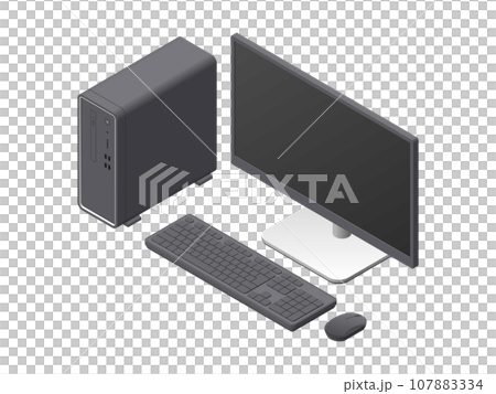 Illustration of a separate desktop PC drawn using isometric projection 107883334