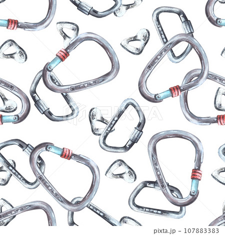 Metal sport grey climbing carabiner seamless pattern. Isolated on a white background Hand drawn illustration Boulder equipments Repeating design for wrapping paper, wallpaper, textiles packaging print 107883383