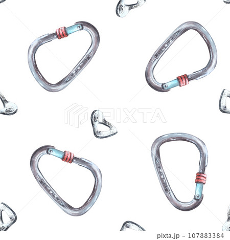 Metal sport grey climbing carabiner seamless pattern. Isolated on a white background Hand drawn illustration Boulder equipments Repeating design for wrapping paper, wallpaper, textiles packaging print 107883384