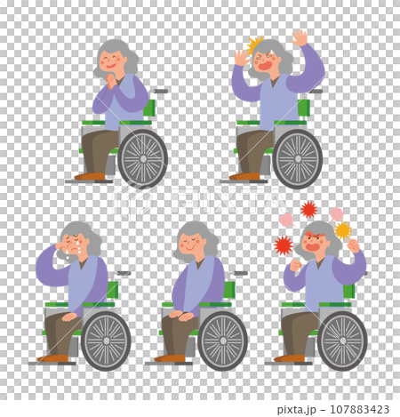 車椅子に乗る高齢女性のポーズイラストセット 107883423