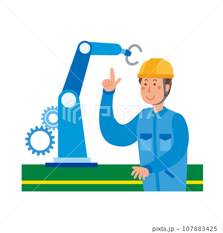 工場のロボットアームと作業員 107883425
