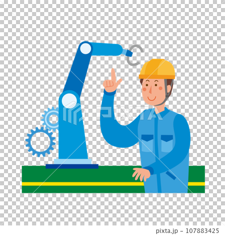 工場のロボットアームと作業員 107883425