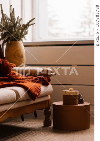 Cozy Christmas decor in the living room. Fir branches in a vase near a sofa with a blanket and a window Cozy Christmas decor in the living room. Fir branches in a vase near a sofa with a blanket and a window 107883789