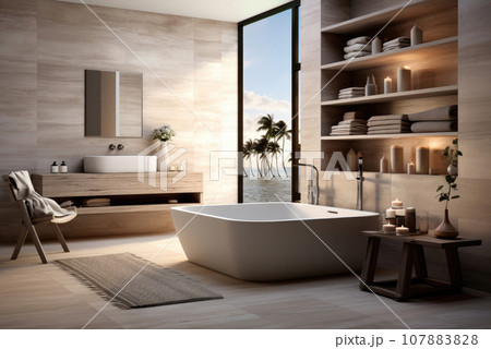 Interior of a bright modern bathroom in a minimalist style Interior of a bright modern bathroom in a minimalist style 107883828