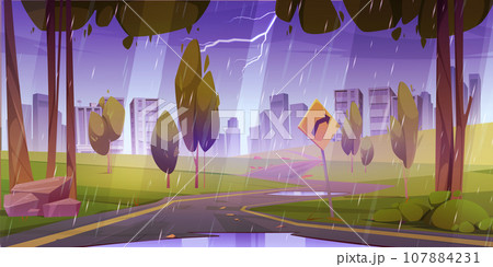 Rain on road to city with forest landscape cartoon 107884231