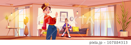 Two young women in living room Two young women in living room 107884313