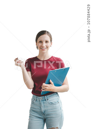 Young woman holding with clipboard isolated on white background. Young woman holding with clipboard isolated on white background. 107884429