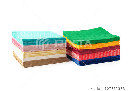 Two stacks of colorful paper napkins on white background 107885388