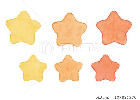 透明水彩絵の具で描いた黄色グラデーション6コの星のイラストセット 107885576