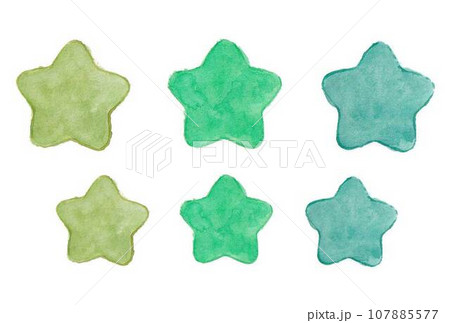 透明水彩絵の具で描いた緑色グラデーション6コの星のイラストセット 透明水彩絵の具で描いた緑色グラデーション6コの星のイラストセット 107885577