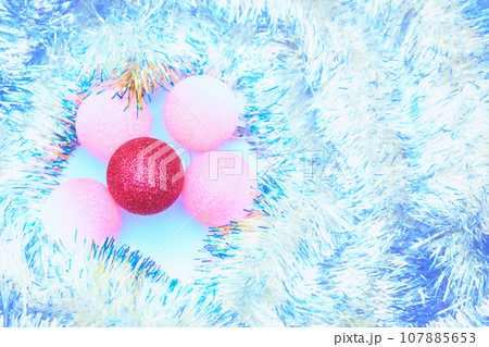 New Year's Christmas background with toys, balls, garlands, tree snowy rain New Year's Christmas background with toys, balls, garlands, tree snowy rain 107885653