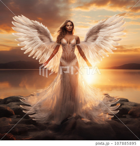 A heavenly angel with white wings in sexy dress on the background under the sunlight. An incredibly beautiful girl against the sunset A heavenly angel with white wings in sexy dress on the background under the sunlight. An incredibly beautiful girl against the sunset 107885895