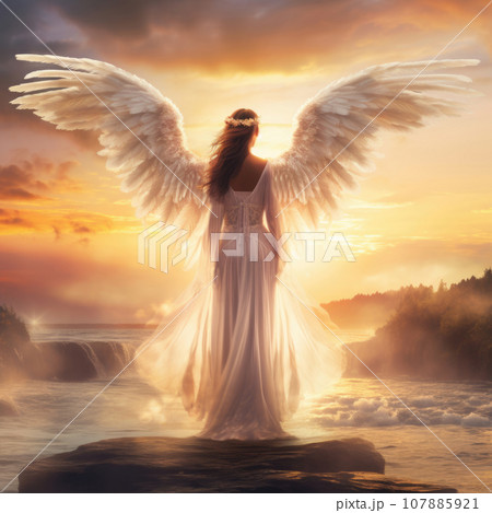 Winged woman on the edge of a cliff. A girl in a sexy suit with huge white wings. 107885921