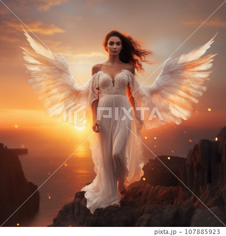 Beautiful young model of the shining angel on the sharp rock Beautiful young model of the shining angel on the sharp rock 107885923