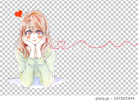 Woman leaning on her chin, love, red thread 107885944