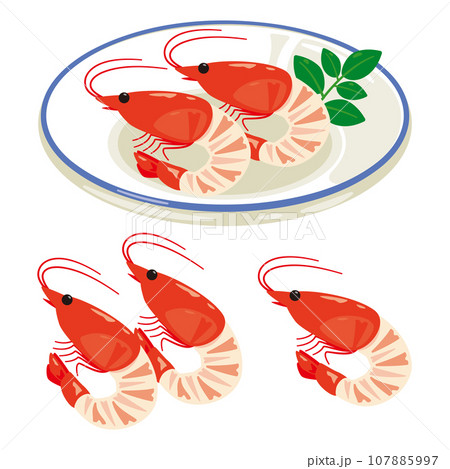 皿に盛られたお頭付きむき海老 107885997