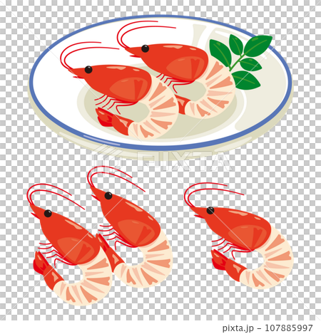 皿に盛られたお頭付きむき海老 107885997