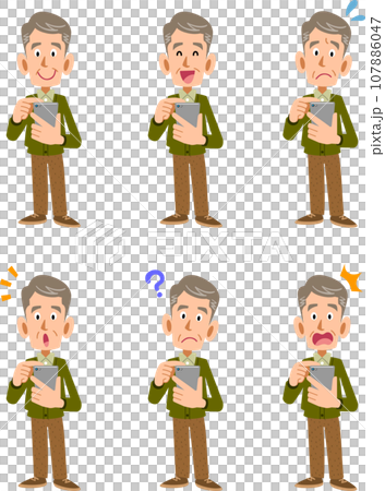 スマートフォンを操作するシニアの男性　6種類の表情　全身 107886047