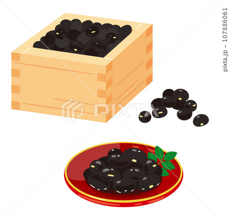升に入った黒豆と小皿に盛られた黒豆煮 107886061