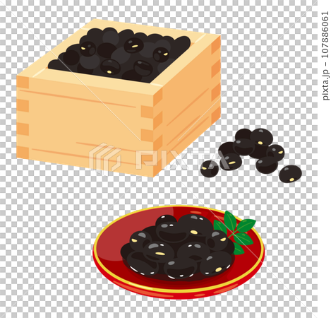 Black beans in a square and boiled black beans on a small plate 107886061