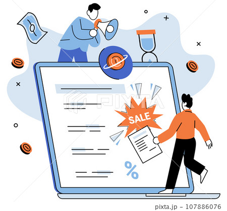 Promotion discount sale. Vector illustration. Flash sale online, sudden downpour in desert of regular prices Sales index, measuring scale of market dynamics Forecast of future sales, beacon of light 107886076