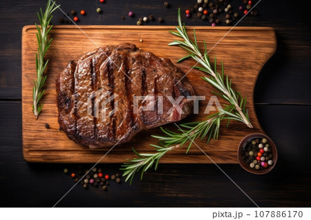 Grilled meat barbecue steak on wooden cutting board with rosemary and copy space. Top view. 107886170