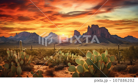 Wild West Texas desert landscape with sunset with mountains and cacti. 107886202