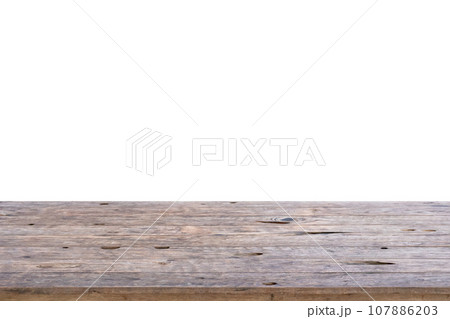 Empty wooden table top isolated on white background for montage product display 107886203