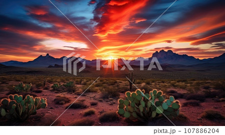 Wild West Texas desert landscape with sunset with mountains and cacti. 107886204
