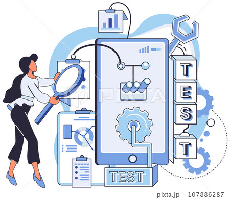 Application testing metaphor. Vector illustration. Application testing, crucible where coding errors are uncovered and rectified App test, sandbox for validating apps functionality Software testing 107886287