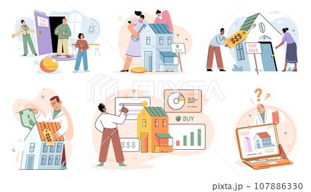 Buying and choosing housing. Vector illustration The estate agent guided buyer through purchasing process Investing in real estate was popular choice The property had modern design and aesthetic 107886330