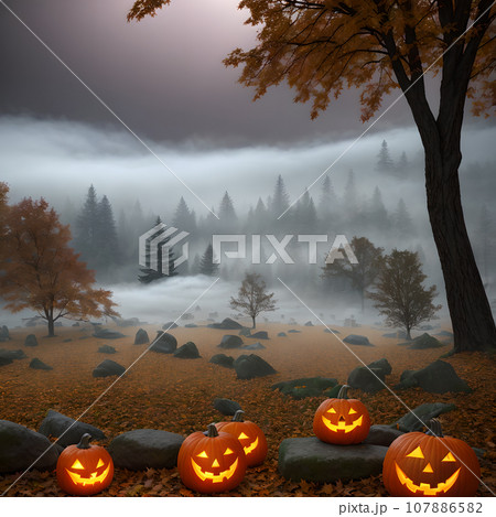 Halloween pumpkin stone outside forest Halloween pumpkin stone outside forest 107886582