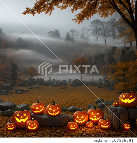 Halloween pumpkin stone outside forest Halloween pumpkin stone outside forest 107886591