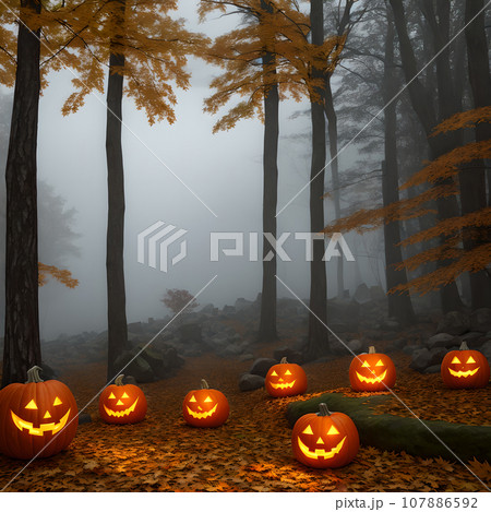 Halloween pumpkin stone outside forest  107886592