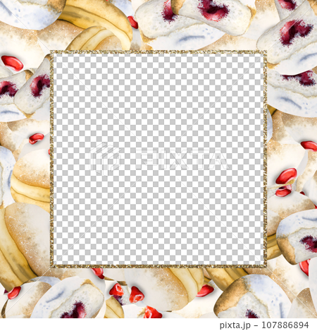 Hanukkah sufganiyot donuts watercolor square frame of Jewish traditional holiday dessert on white background 107886894