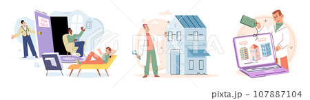 Real estate search. Vector illustration People looking for home relied on real estateThe mortgage loenabled individuals to purchase their desired residential property The real estate search concept 107887104