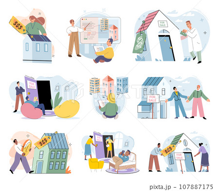 Real estate search. Vector illustration The property with mortgage offered individuals opportunity to build wealth Buyers sought professional advice when considering new home purchase Renting 107887175