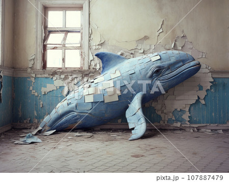 Crack art of blue whale in the wall Crack art of blue whale in the wall 107887479