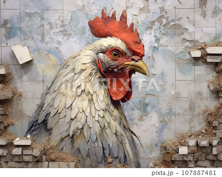 Crack art of chicken in the wall Crack art of chicken in the wall 107887481