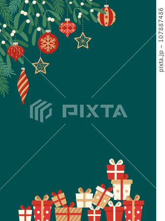 クリスマスオーナメントとプレゼントのタイトル背景(縦型・A4サイズ比) クリスマスオーナメントとプレゼントのタイトル背景(縦型・A4サイズ比) 107887486