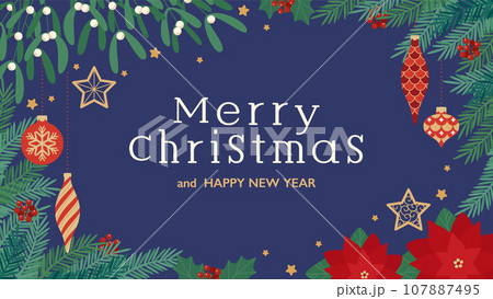 クリスマスオーナメントと植物の背景フレーム（横型・16:9）） 107887495