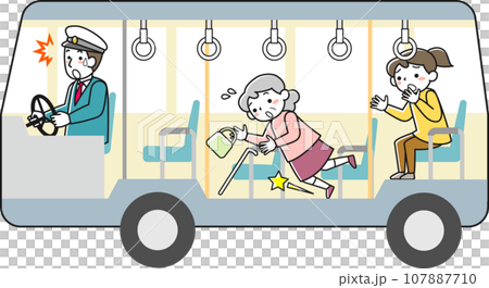 走行中の路線バスの車中で転倒するシニア女性 107887710
