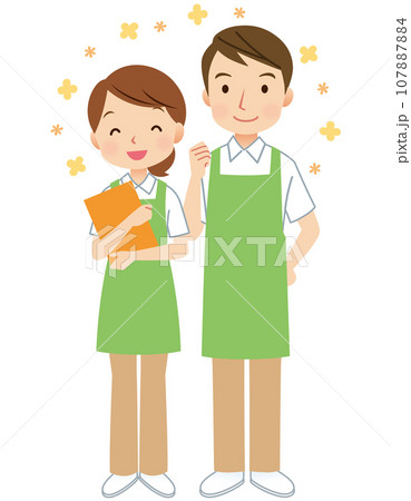 エプロンをつけた男女　介護士　ヘルパー 107887884