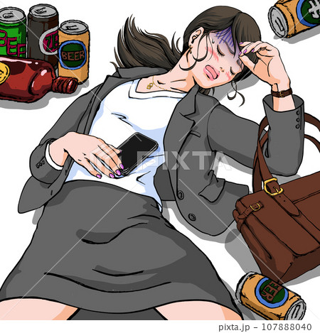 泥酔して気分の悪そうなスーツ姿の若い女性 107888040