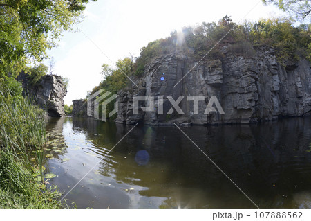 View of rocks and the river of the Buksky canyon, Ukraine 107888562