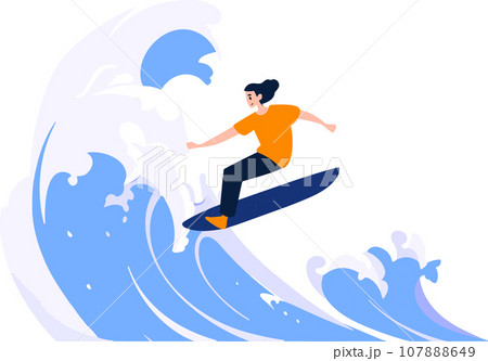 Hand Drawn Tourist teen characters are playing surfboards at the sea in flat style 107888649